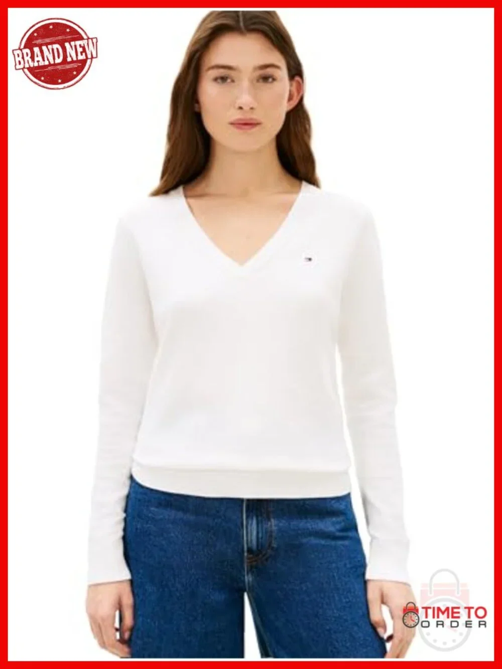 Cotton V Neck Sweater Knit Pullover Long Sleeve